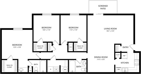 Floor plan for 3 beds, 2 baths, 1293 sqft